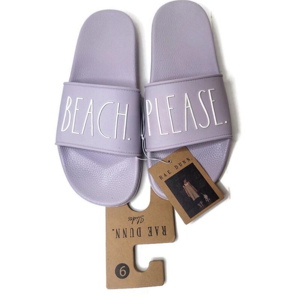 Rae Dunn NWT purple beach please slides size 9. Pool vacation tropical lavender